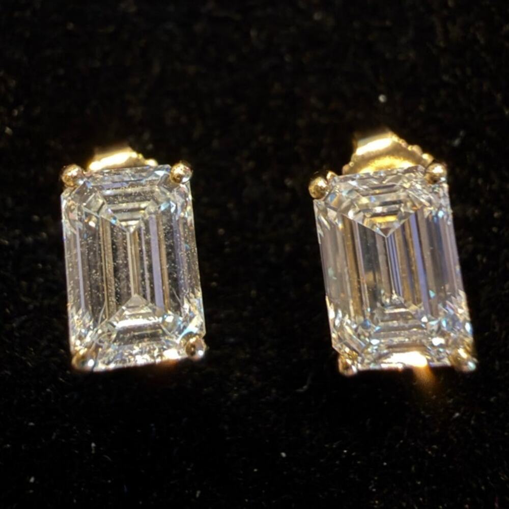 Solid 14k Yellow Gold 2CTTW Emerald Cut Lab Diamond Earrings Push Backs